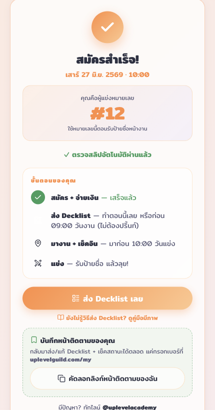 สมัครสำเร็จ เลขผู้แข่ง และหน้าติดตาม